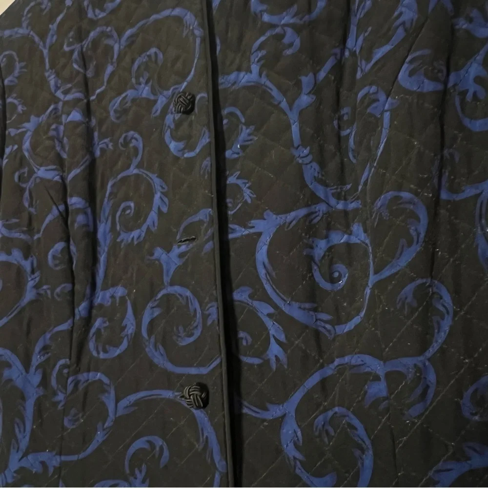 Talbots Quilted Blazer Jacket Button Up Blue Black Silk Swirl Size 14 Flaw